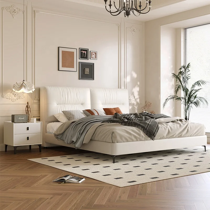 Italian Bedroom Furniture Upholstered Platform Bed Real Leather Bed with Headboard for Bedroom Contemporary Double Bed