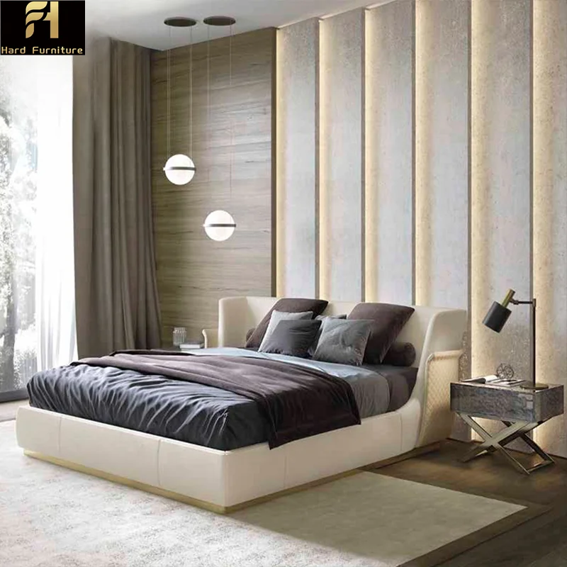 Best Seller Italian Style King Size Genuine Leather Soft Bed Solid Wood Frame Luxury Modern White Villa Bedroom Bed