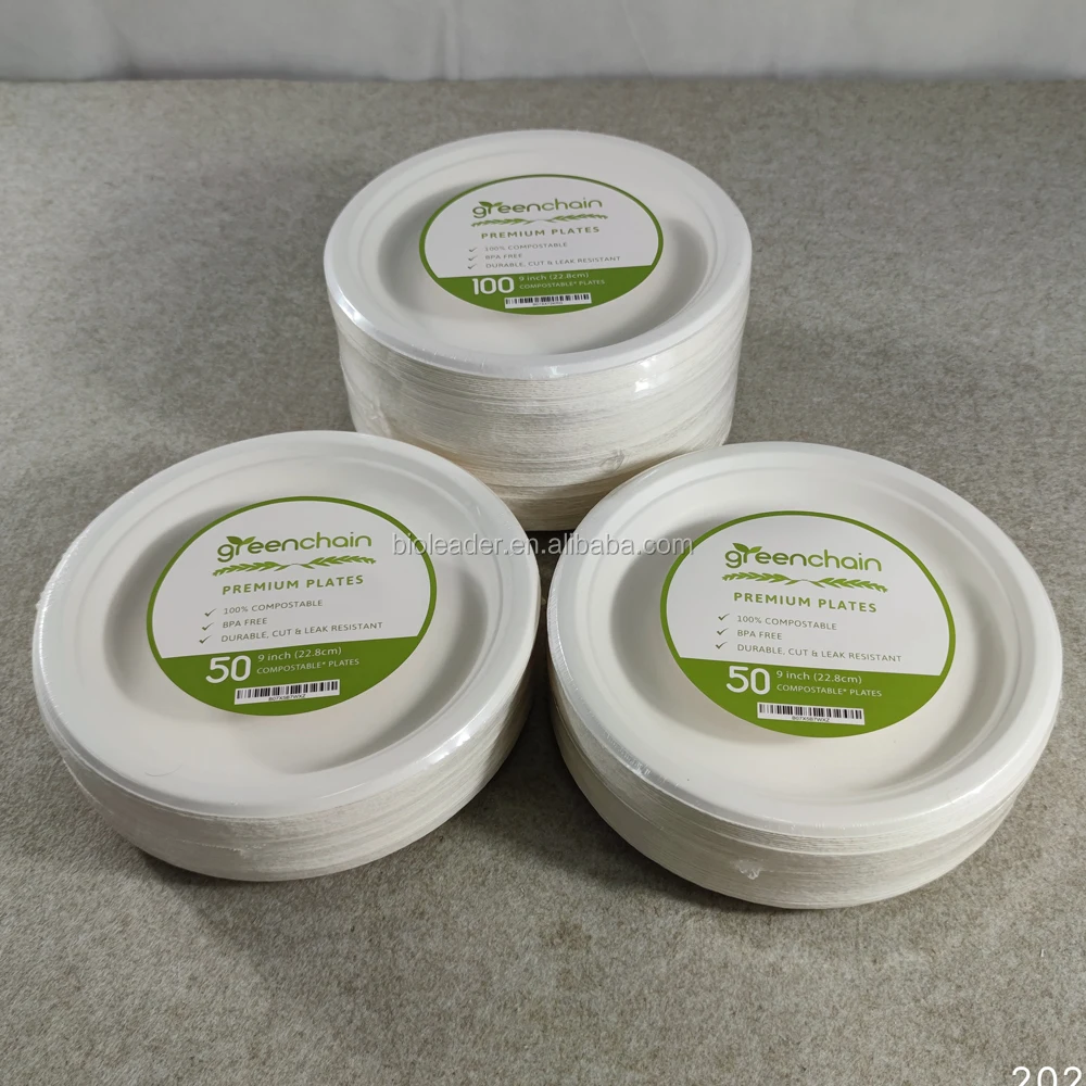 Biodegradable BPI Certified Disposable 7-10 Inch Sugar Cane Paper Dish White/Brown Round Plate Eco-Friendly Alternatives