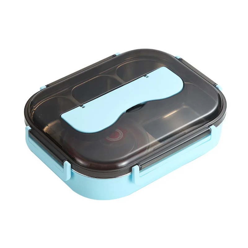 Student 304 Stainless Steel Lunch Box Grid Rectangular Belt Tableware Soup Bowl Office Lunch Box Can Be Heated with Water