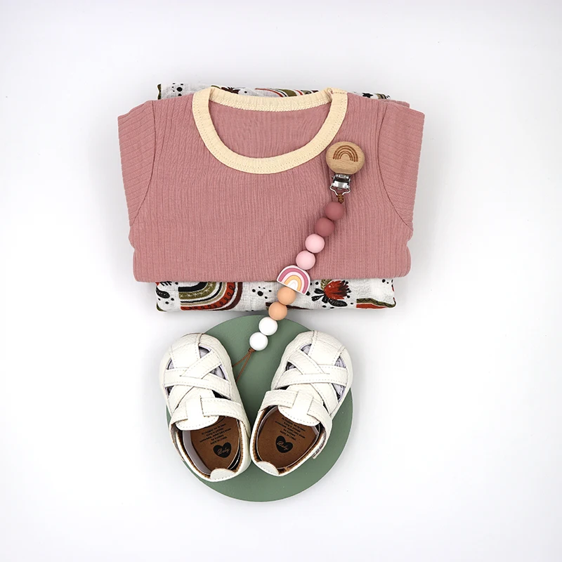 rainbow Baby Shower Gift Set with Teething pacifier chain Pu leather shoes Blanket Romper  new born baby gift set