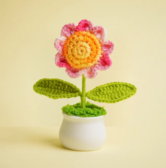 2025 Hand Knitted Ornaments Valentine Gifts Artificial Plants Bonsai Flower Crocheted pot Crocheted Sunflower Pot