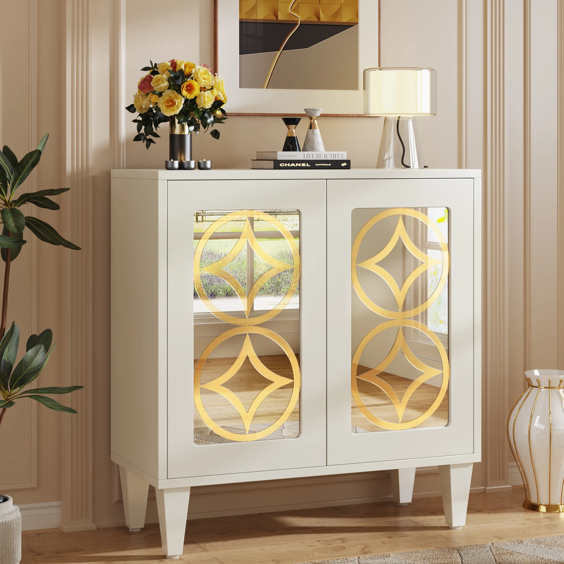 Customized Wood Storage Buffet Cabinet Sideboard Modern Furniture With Acrylic Mirrors Doors