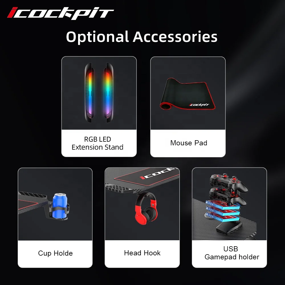 
icockcpit Modern Professional Ergonomic Gaming Computer Table PC Gamer Desk Racing Gaming Desk With RGB Lights For E-Sports 