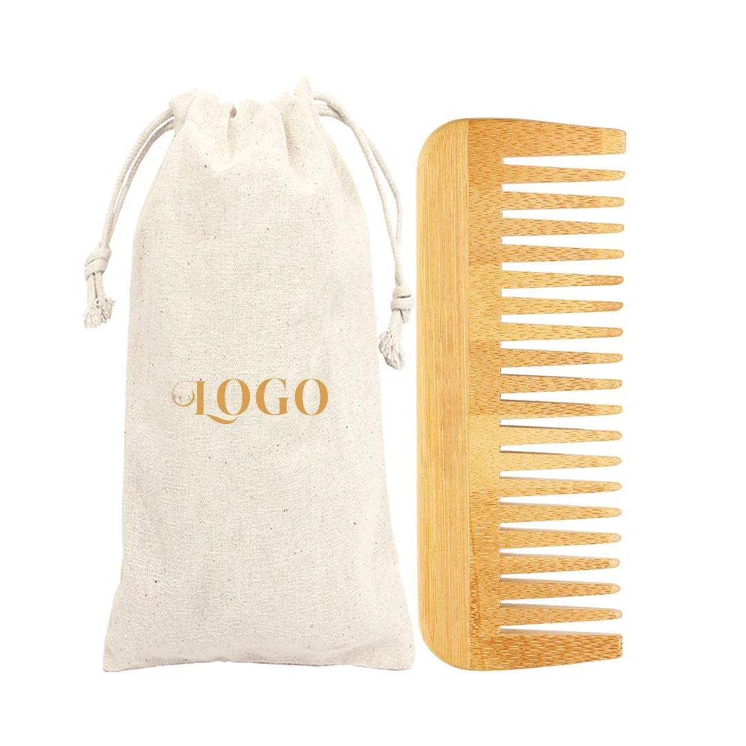 Custom Logo Eco-friendly Bamboo Wide Tooth Bamboo Hair Beard Detangling Wood Comb
