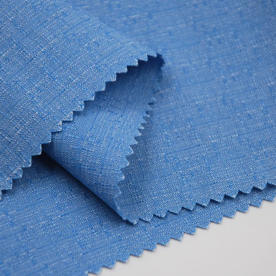 Stock hot woven 250gsm slub blue yarn dyed 70% nylon 25% rayon 5% spandex faux denim bengaline fabric