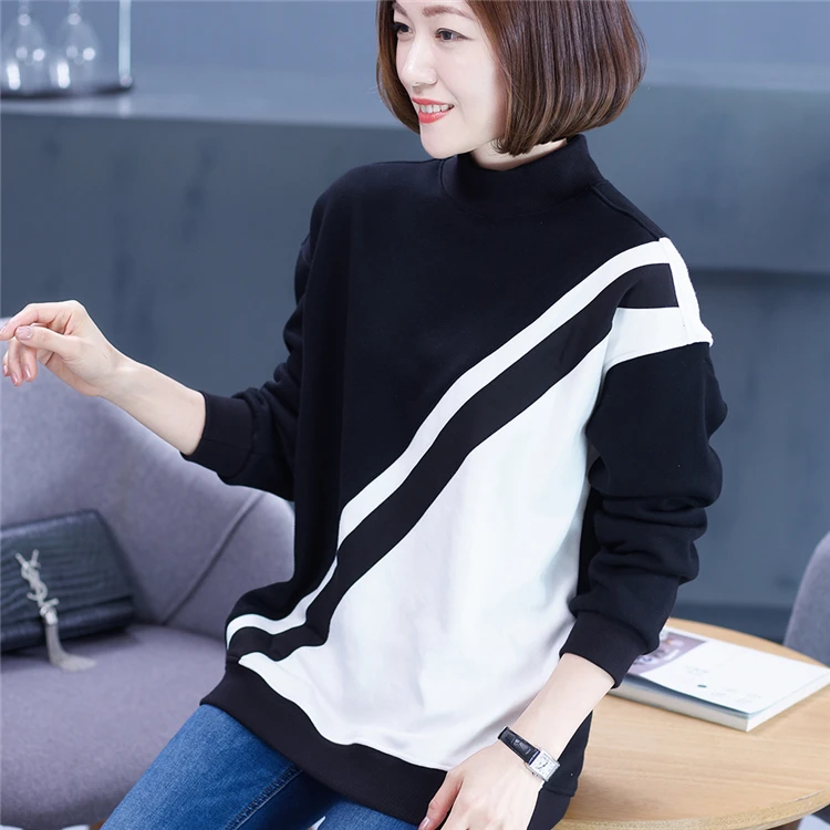 
Women Basic Round Neck Fashion Cotton Long Sleeve Knitting Pullover Sweater Color Block Long Sleeve Sweatshirt Without Hood 