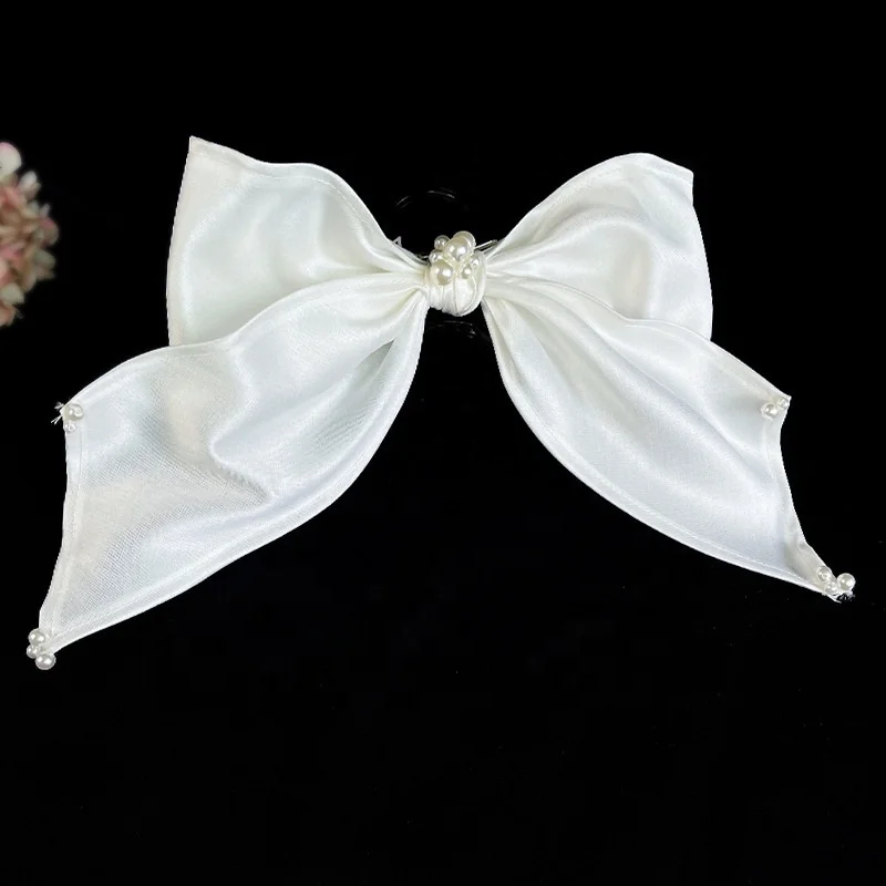 Handmade Women Wedding Solid Color Clip Bow Pearl Bridal Big White Stain Hair Bow