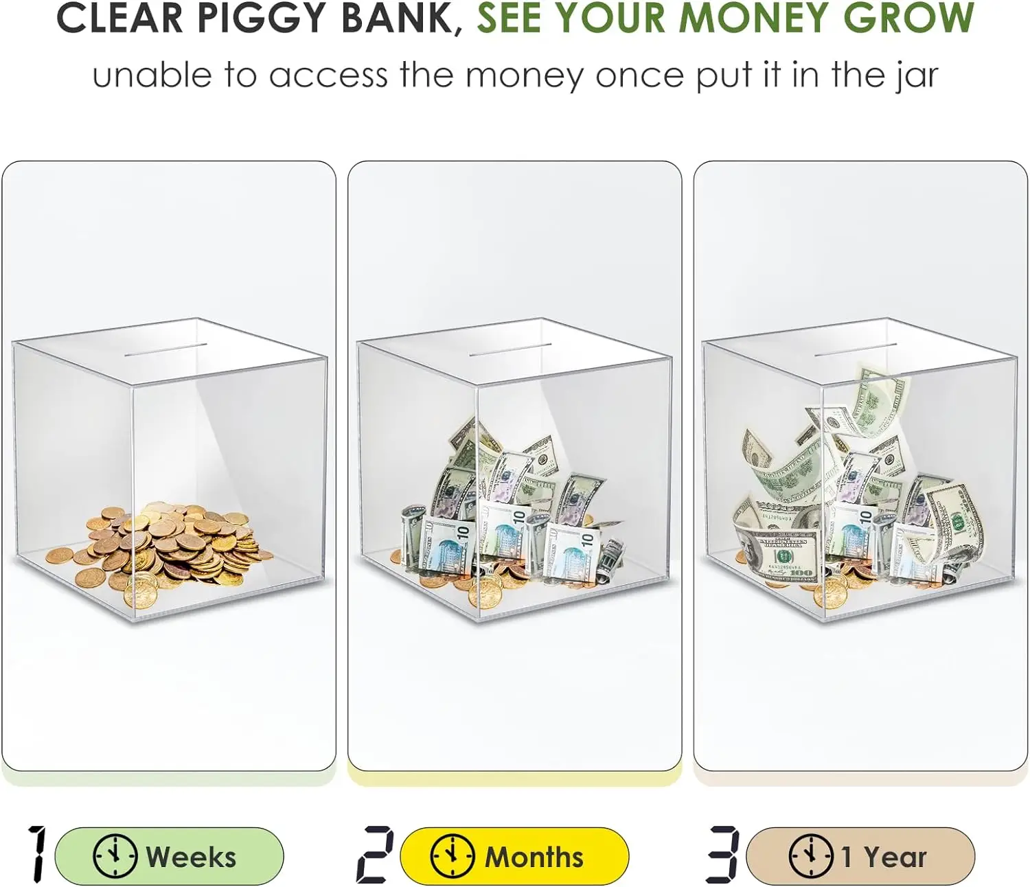 Break to Open Cash Saving Coin Change Jar Clear Piggy Bank Money Saving Box Acrylic Piggy Bank for Kids Adults