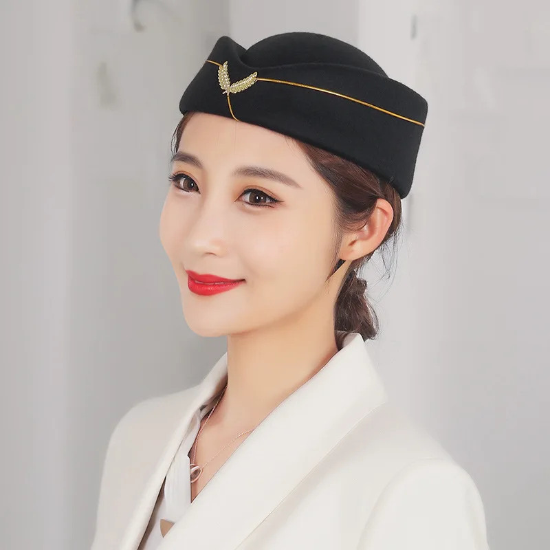 Wholesale Airline Stewardess Hat Fashion Girls Wool Beret Hat Women French Cap Cosplay Prop Stewardess Uniform