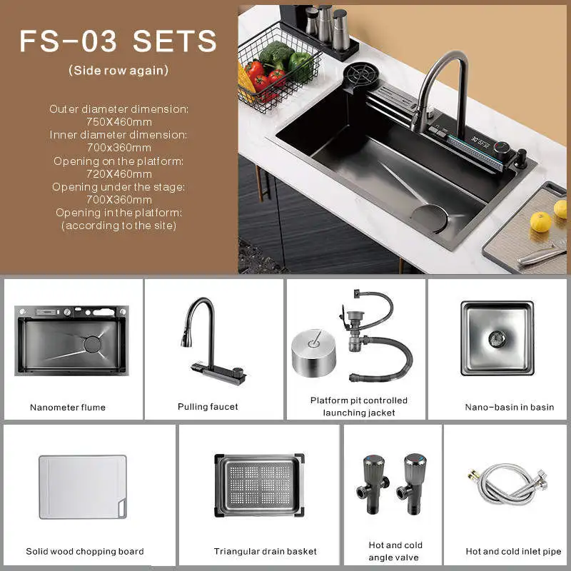 Luxury Modern Multifunctional Smart Waterfall Kitchen Sinks Set Draining Single Bowl 304 Stainless Steel Faucet Sink Kitchen