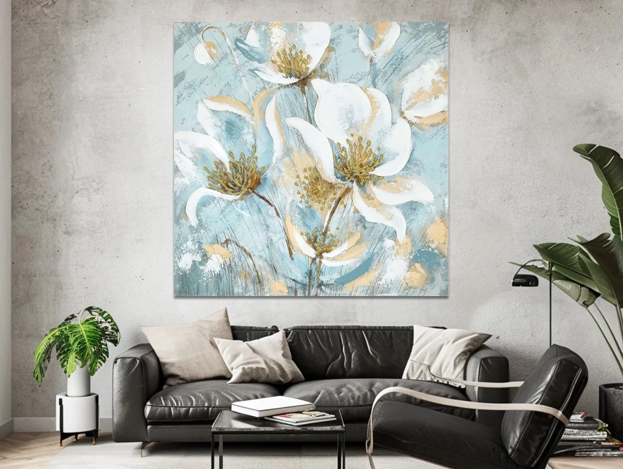 Modern Simple Original Glorious Blooms Light Blue Flower Hand-painted Texture Thick Oil Abstract Living Room  Wall Art