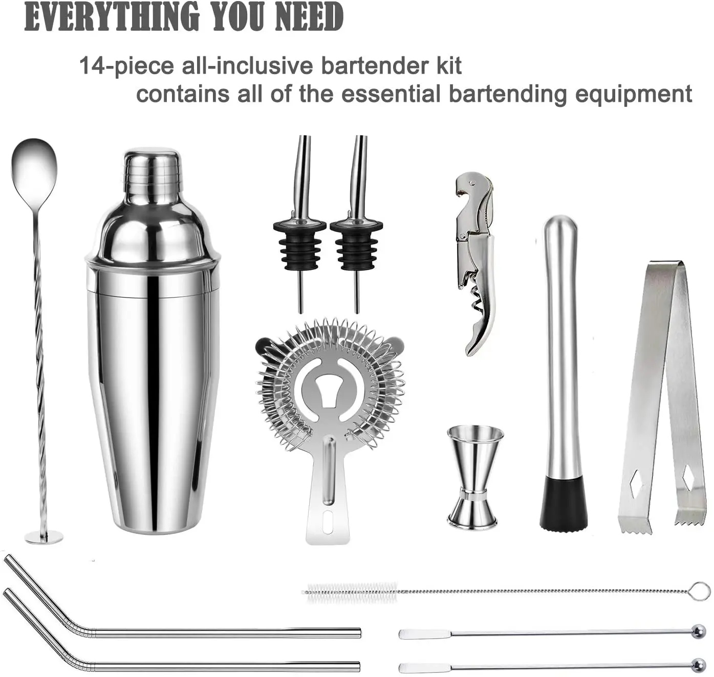 Brushed Stainless Steel Bartender Kit  with Pour Spouts Best Selling Products 2020