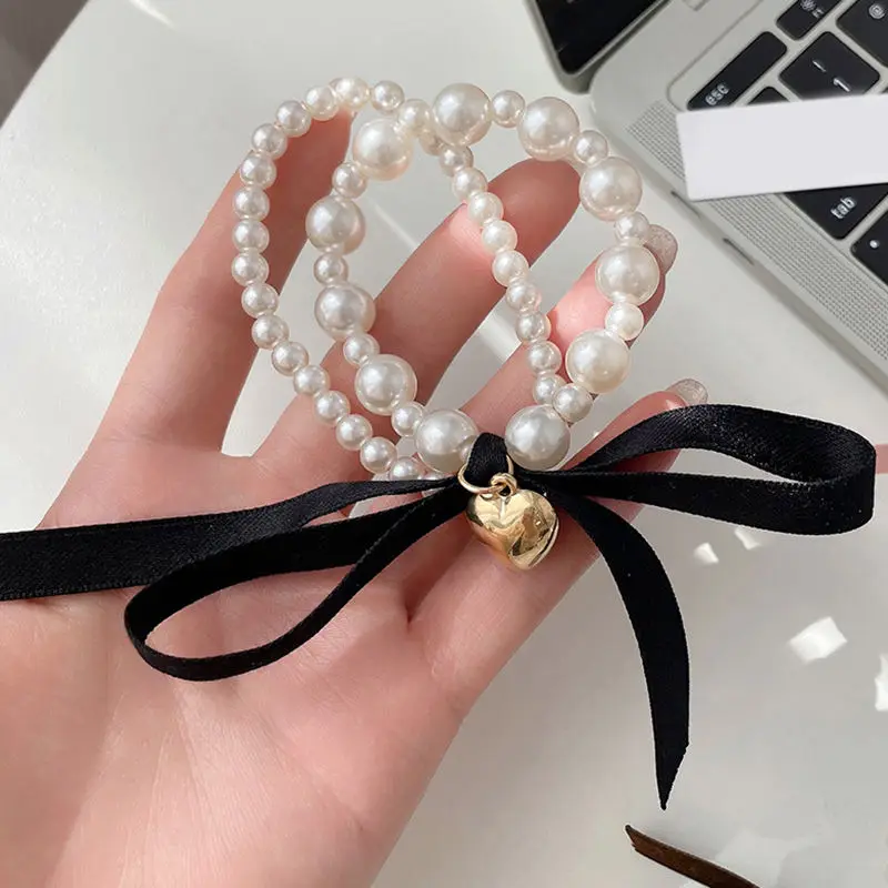 Accept Customization Factory Direct Women French  Retro Hair Tie Sweet And Versatile Love Ribbon Hair Circle Pearl Bow Hair Rope