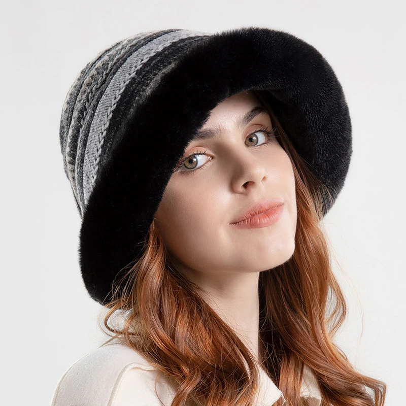 FF1851 Striped Women Fleece Lined Skull Cap Fluffy Furry Winter Fisherman Cap Warm Winter Faux Fur Fuzzy Bucket Hat