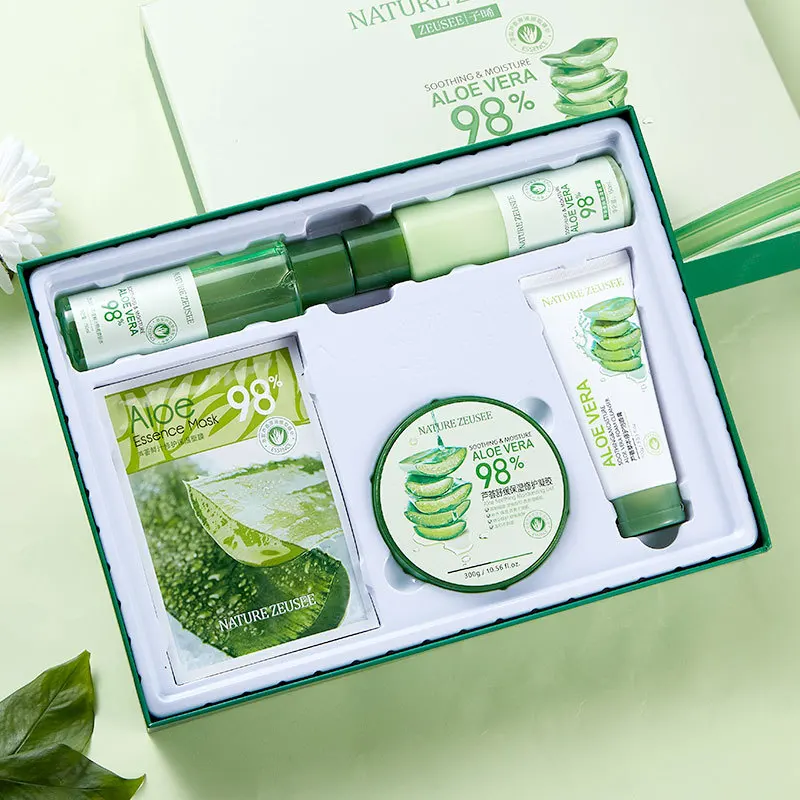 5pcs/set Private Label Facial Kit Aloe Organic Moisturizing Whitening Korean Aloe Face Skin Care Set