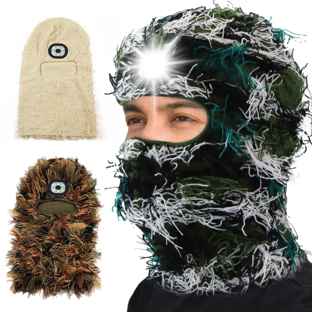 Wholesale Full Face Cover Motorbike Skull One Hole grassy custom ski masks distressed balaclava with LED light Light Beanie