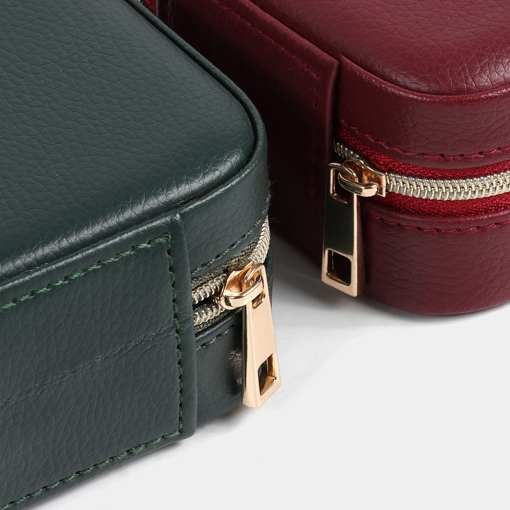 Retro Red Green PU Leather Small Jewelry Organizer Mirror Ring Earring Jewellery Travel Case