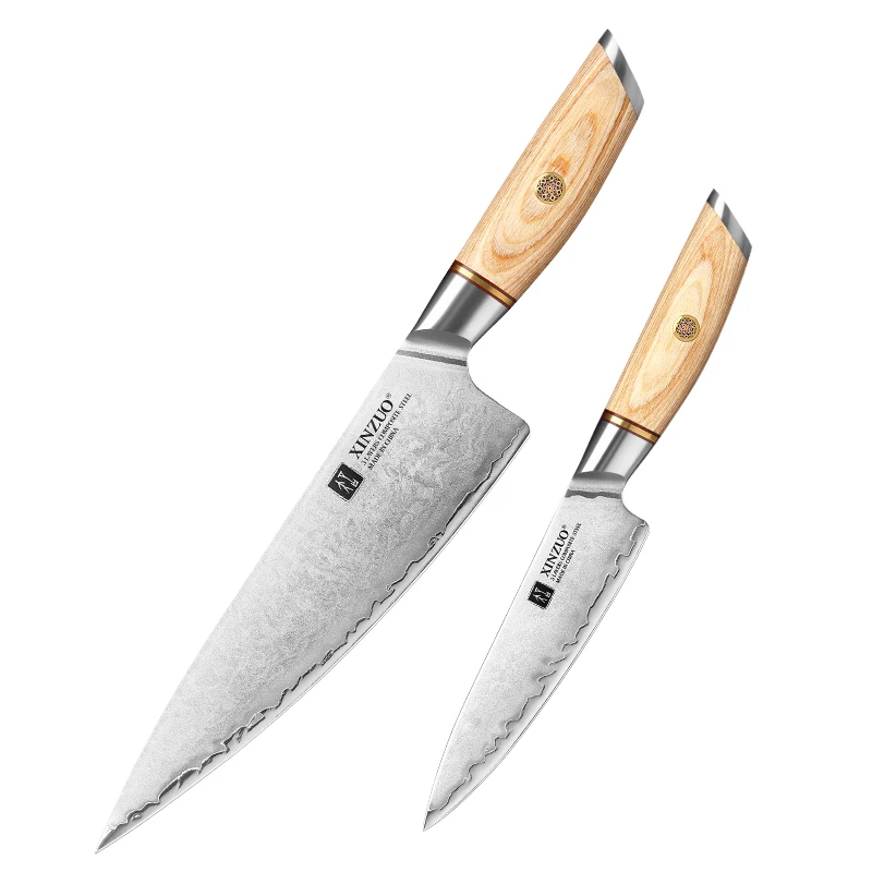 XINZUO 2PCS Kitchen Chef Knife Set 3 Layers Composite Stainless Steel Pakka Wood Handle