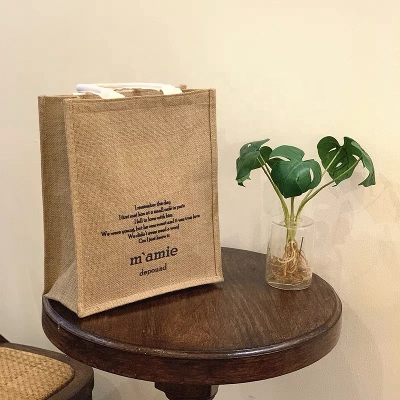 Wholesale Grocery Natural Reusable 100% Burlap shopping Jute Tote Bags with Soft Cotton Long Handles with zipper