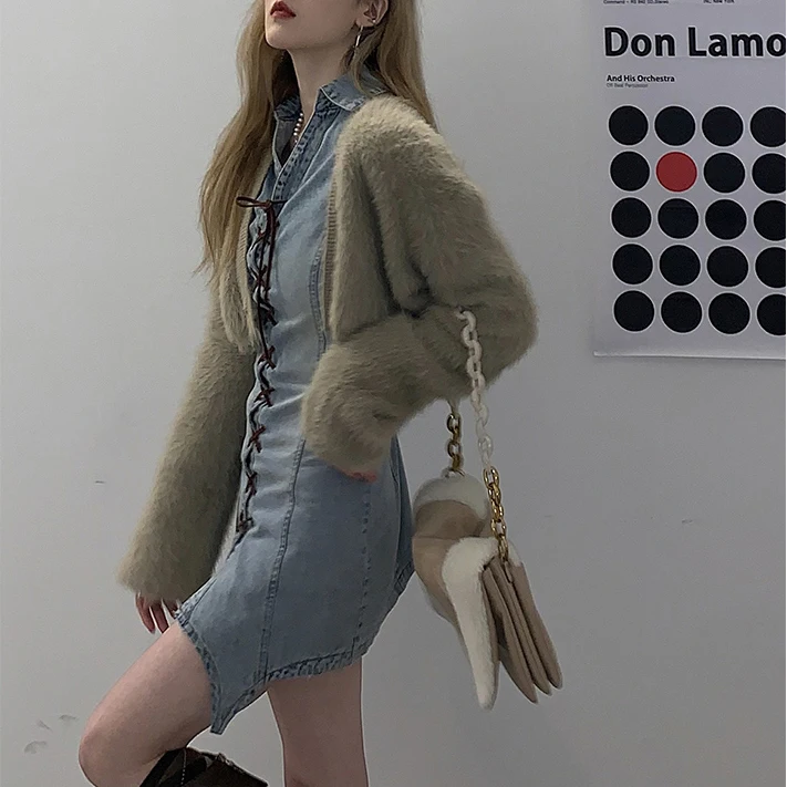 Women Long Sleeve Casual Dresses Stretch Strappy Solid Color V-neck Skinny Dollars Collar Irregular