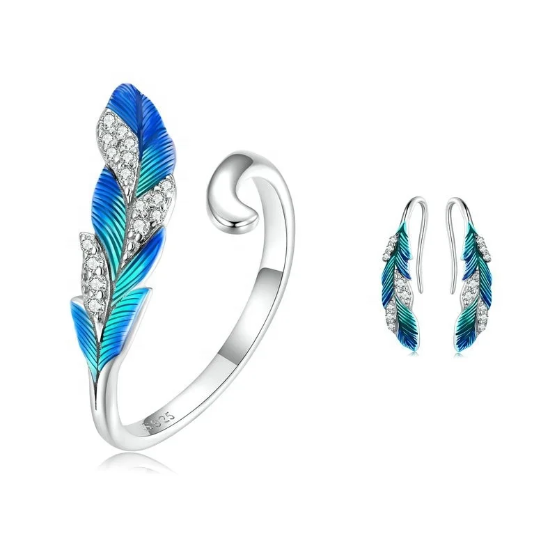Dr.Jewelry 925 Sterling Silver Pave Setting CZ Blue Peacock Feather Open Ring and Earrings Jewelry Set for Wedding Fine Jewel