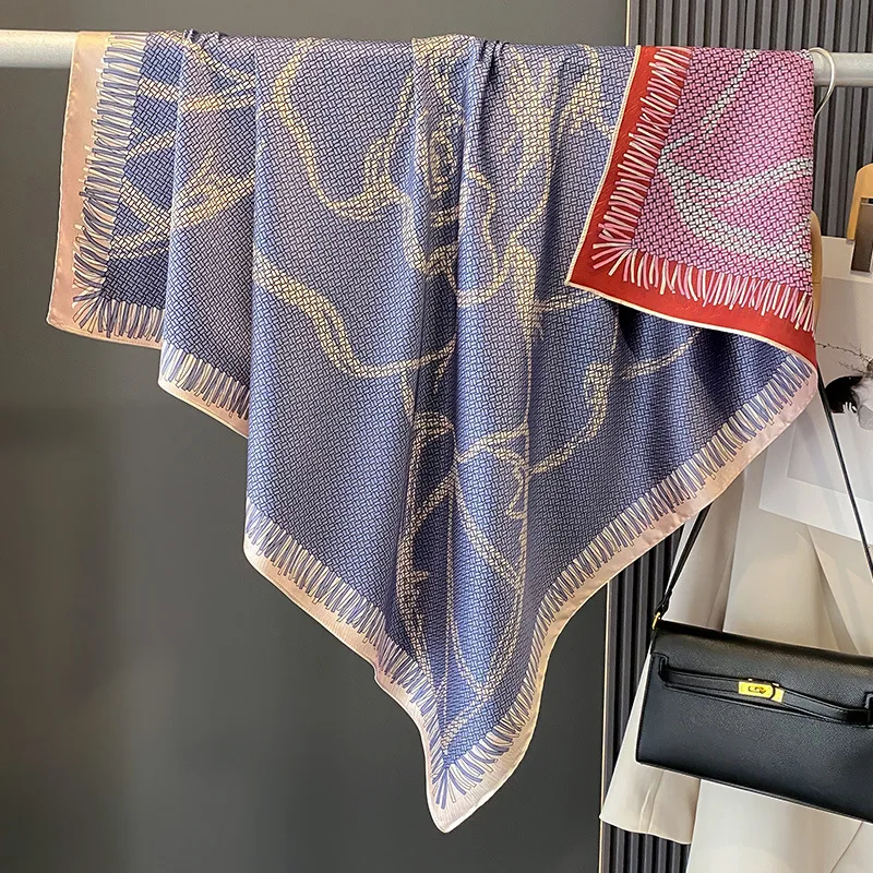 Wholesale Fashion European Double Side Tassel Printed Silk Head 90*90CM Silk Scarf Shawl Luxury Brand Square Hijab Scarf