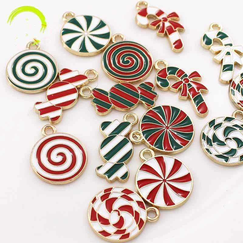 Candies Christmas Candy Charms Bulk Flatback Round Holiday Charm Alloy Enamel Dangle Red Gold Plated Charm