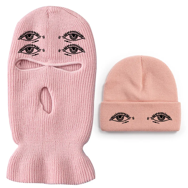 Custom Embroidery Printed Logo Designer Solid Color Ski Mask Balaclava Hat Eye Holes Beanie Hat Set