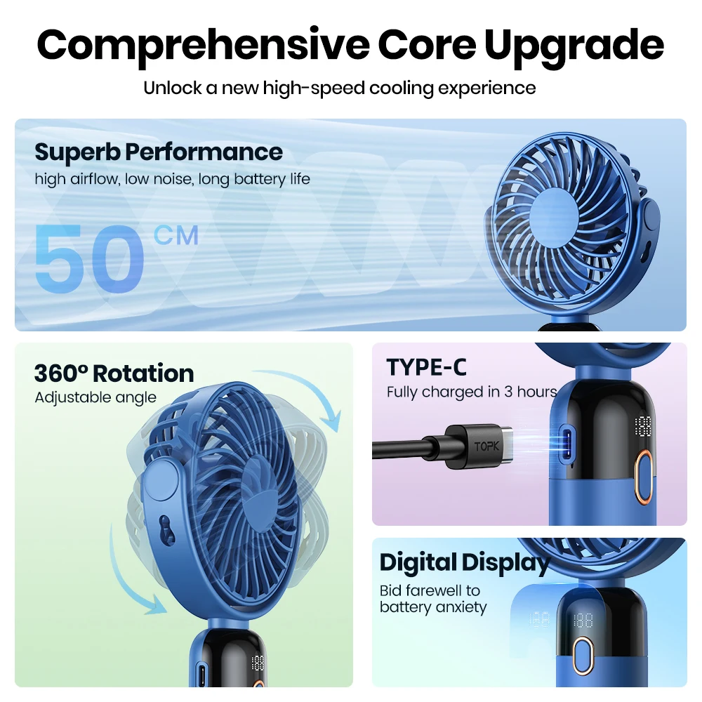 OEM K70 2024 New Design 2400mAh Handheld Small USB Mini Fan Mute Large Wind Portable Halter Fan