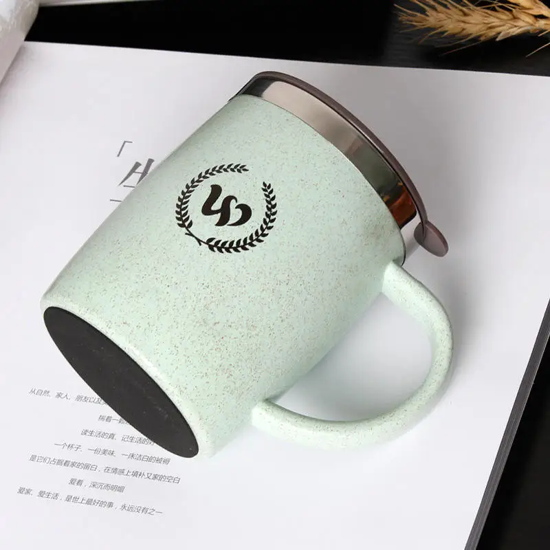 420ml Insulated Stainless Steel Tumbler Wheat Straw Coffee Mug Double Wall Water Bottle Auto Self Stirring Mug Mixing Coffee Mug
