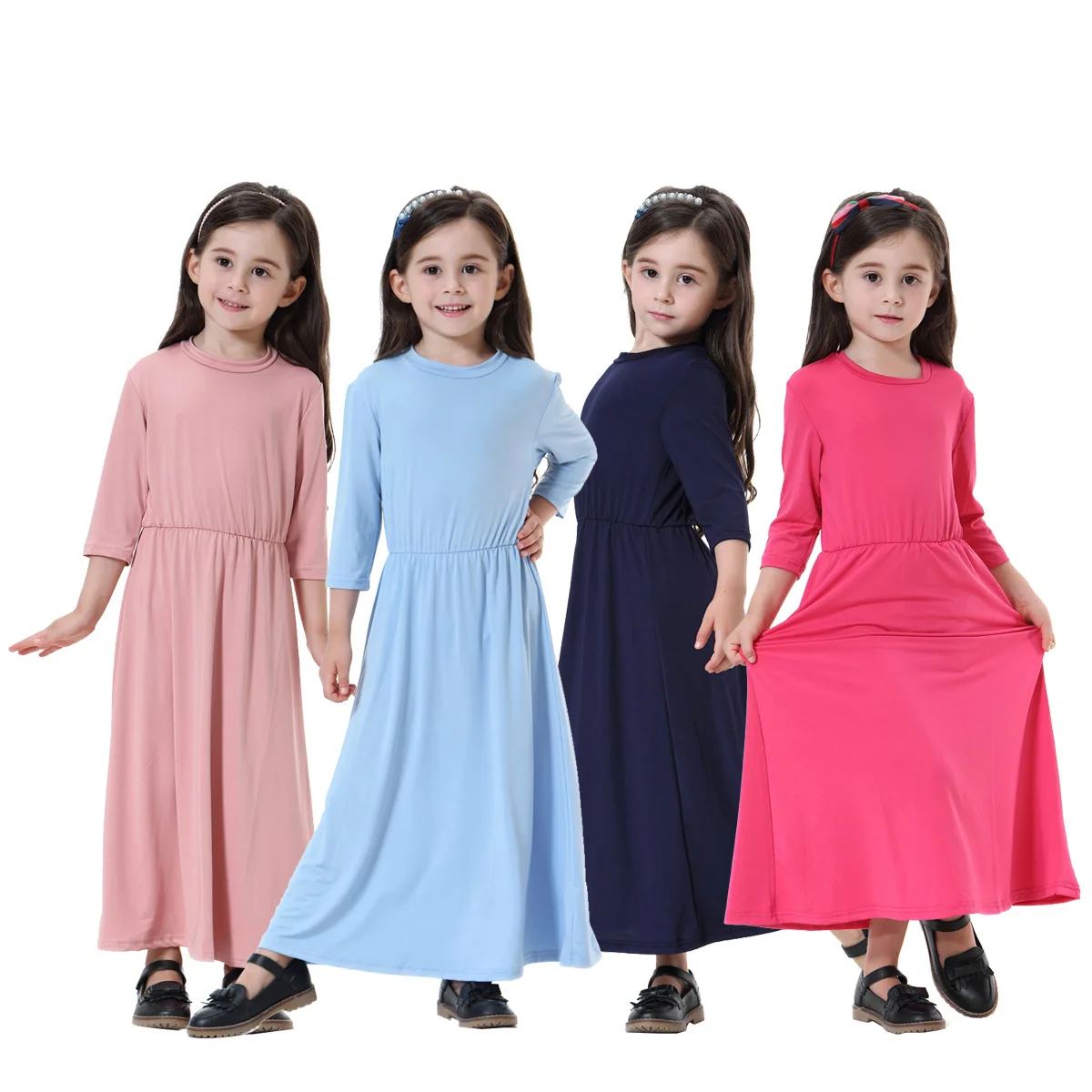 New Fashion Children Prayer Dress for Eid Arab Flared Long Sleeve Button Malaysia Kid Muslim Dress Girls Lovely Islamic Clothing