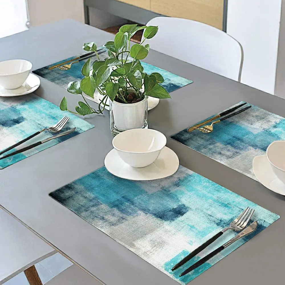 New arrival Artistic watercolor linen placemats Durable heat insulation double layer mats and coasters for luxury dining table