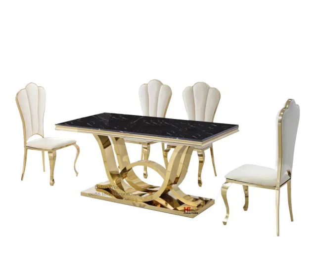 Домашняя мебель, дизайн стола для столовой, стеклянный обеденный стол для отеля и набор из 6 стульев из нержавеющей стали для обеденного стола