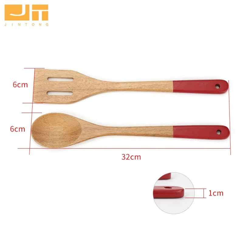 High Quality Acacia Wood Cooking Set 2Pcs Wooden Solid Spoon Slotted Turner Kitchenware With Color Printing Handle Hanging Hole