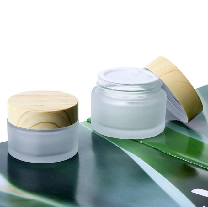 Cream Bottles Round Cosmetic Jars Hand Face Packing Bottles Jars 5g 10g 15g 30g 50g 100g Cream Frosted Glass with Wood Grain