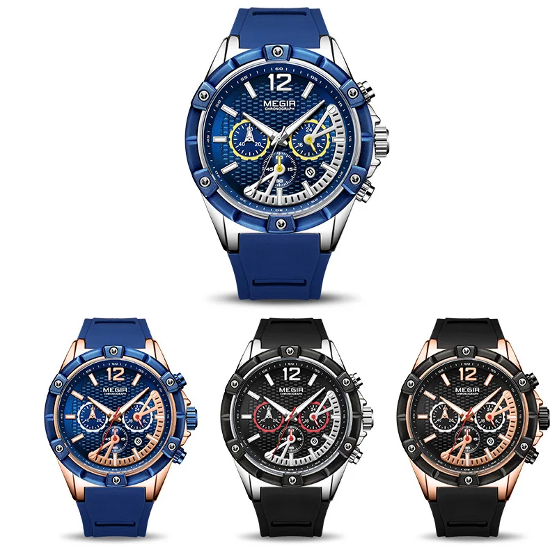 Часы наручные MEGIR мужские с хронографом, брендовые Роскошные спортивные водонепроницаемые кварцевые с силиконовым ремешком, 2083