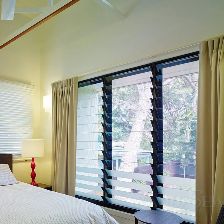 Black aluminum frame glass jalousie thermal break fire rated louver windows