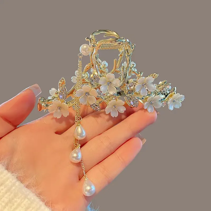 Large Hair Clips Super Fairy Pearl Tassel Rhinestone Flower Claw Zigzag Tassel Hair Claw Chinese Hair Accessories