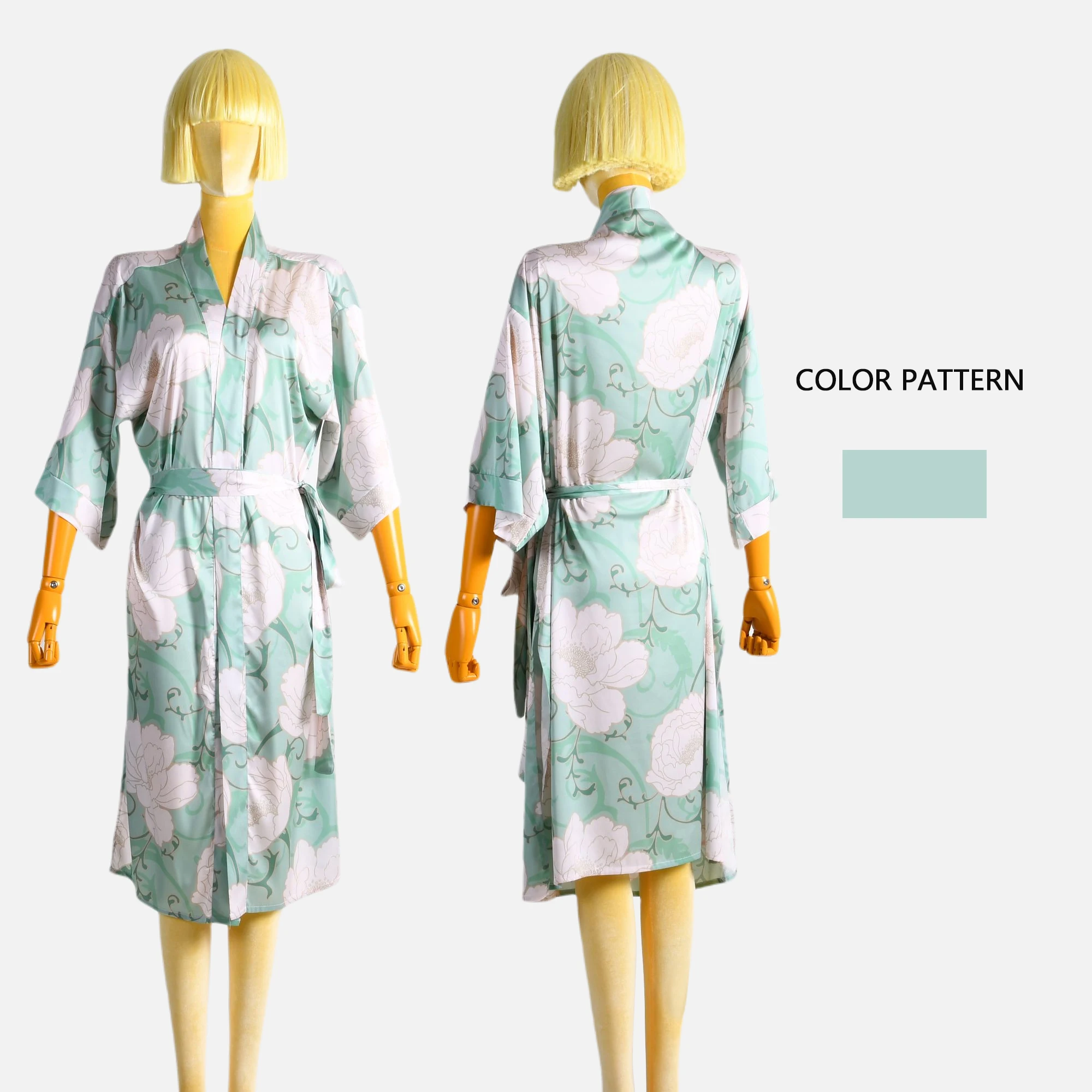 Wholesale Custom 3/4 Sleeve Dressing Gown Cardigan Flower Printed Luxury Robes Sleepwear Satin Kimono Nightgown For Women