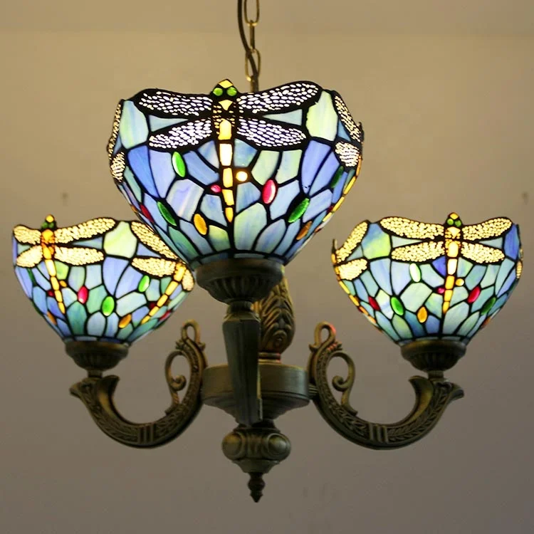 LongHuiJing Tiffany Chandelier 3 Lights Stained Glass Chandeliers Lighting Fixtures Antique Style Ceiling Hanging lamps