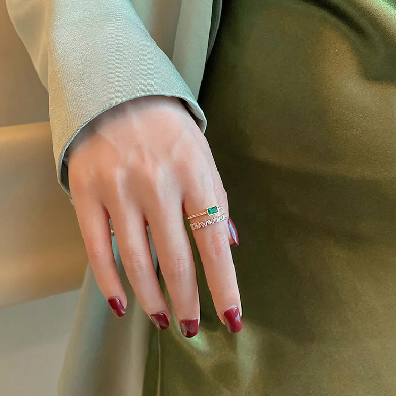 Korean Hot Selling Sense Green Zircon Double Layer Ring Luxury Emerald Gemstone Crystal Open Adjustable Rings Jewelry Women