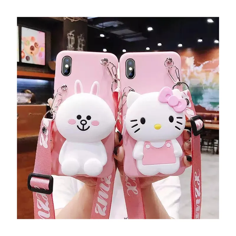 Stock OEM Silicone Soft Cute Cartoon Wallet Bag iPhone 13 12 Pro Huawei Samsung Crossbody Lanyards Anime Phone Case