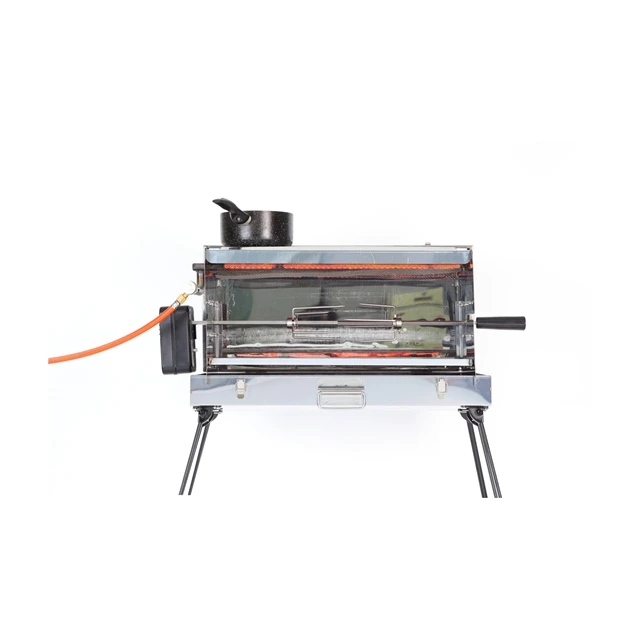 multipurpose portable and foldable outdoor camping stove with rotisserie skewer, BBQ motor and meat fork