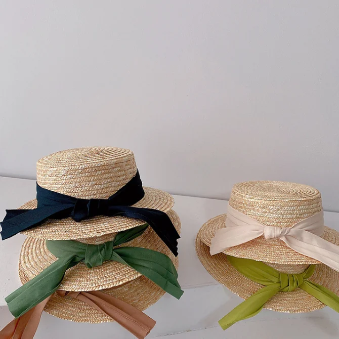 
KS5133 Girls bow knot flat top wide brim hat new fashion kids straw hats 2021 
