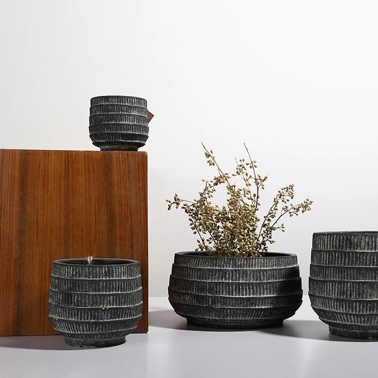 Unique wood grain embossed matte black balcony decorative gardening decor cement planter molds for garden