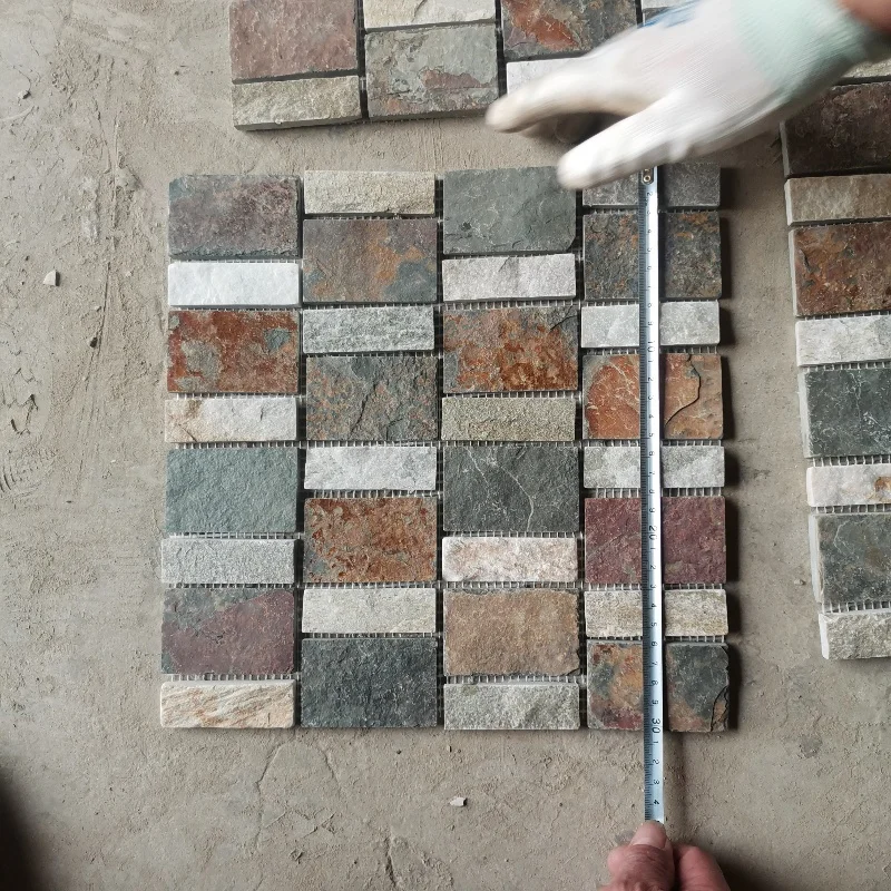 Cheap Chinese mix color Natural slate stone mosaic tile with mesh back for bathroom floor and shower room wall tiles