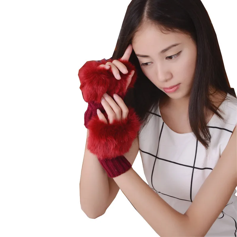 
Factory price faux fur fingerless warm knitted gloves for women 