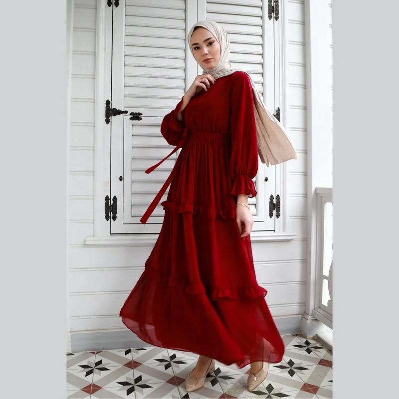 MOTIVE FORCE New Arrival Fashion Arabian Women Dress Islamic Elegant Ladies Slim Ruffle Turkish Muslim Dresses