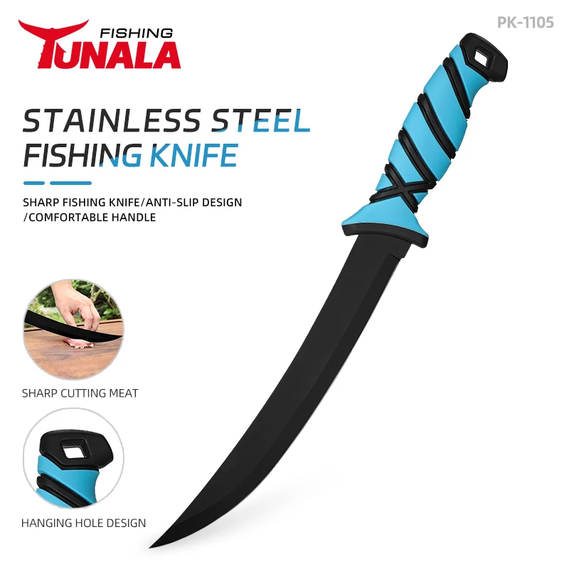 Fishing Comfort Fillet Knife 5CR15Mov Stainless Steel Blade with Black Coating, PP+TPR Handle with Hole